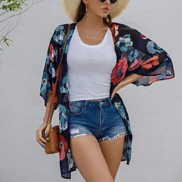 . Tops - Casual Floral Print Loose Cover Up Kimono Cardigan Blouse Top Black